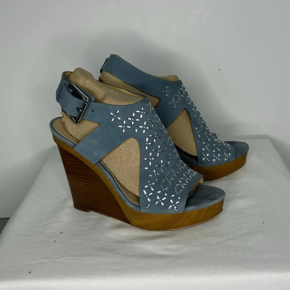 Michael Kors Blue Suede Laser Cut Wedge Sandals Peep Toe Women’s 8.5M